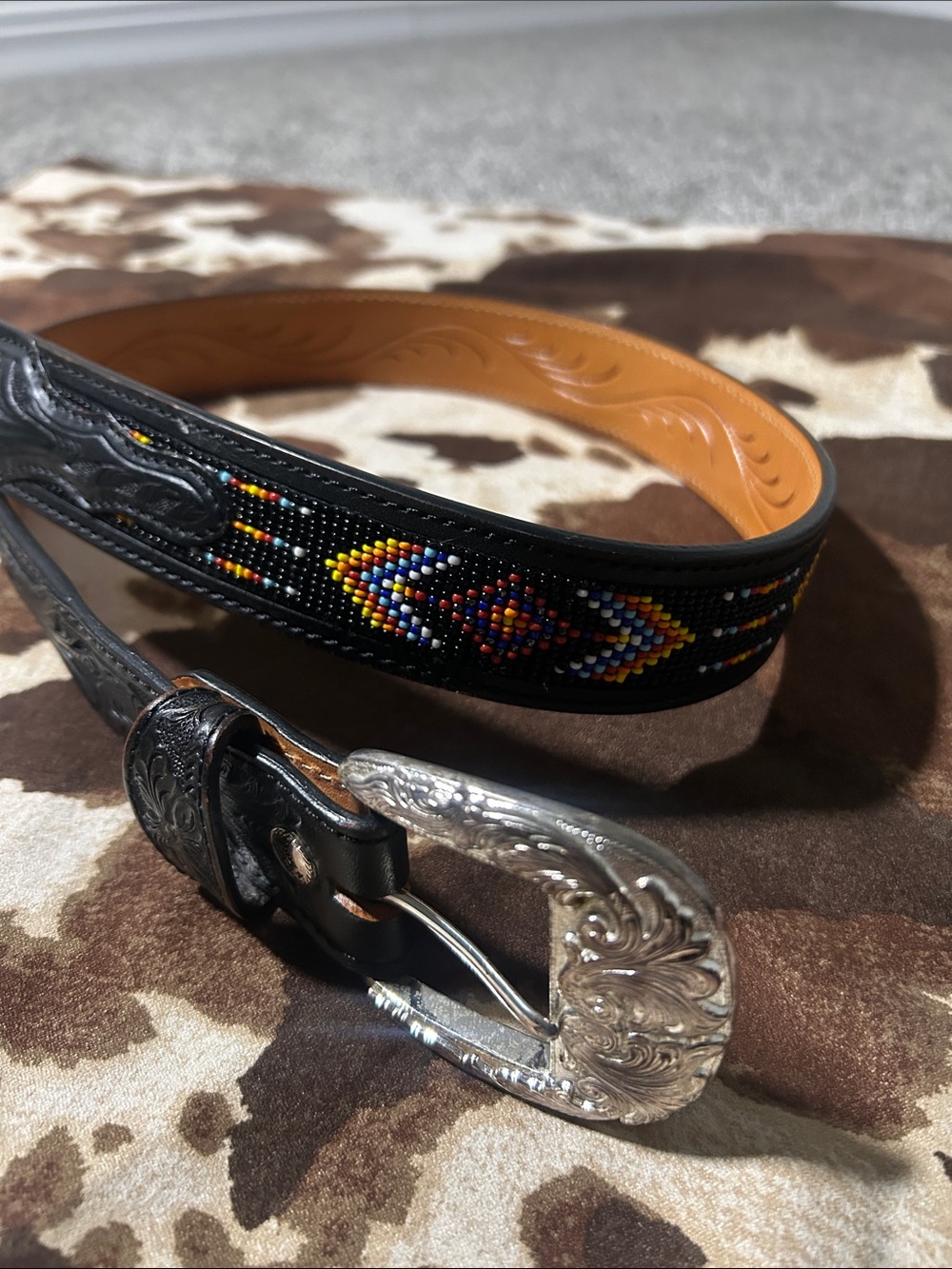 Tony Lama Black Beaded Tooled Leather Belt 38